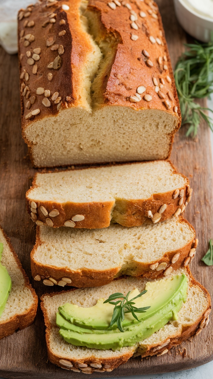 Sliced cottage cheese bread on a wooden cutting board with avocado spread, showcasing its fluffy texture and healthy ingredients.